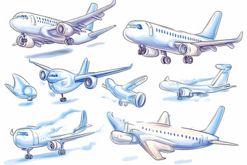 Airplane takeoff, landing, crash illustrations; travel, transport