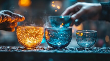 Glassblowing creates luminous glowing vessels of amber and blue