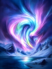 Aurora borealis swirls over snowy mountains and frozen lake; night sky, winter wonderland, nature scene