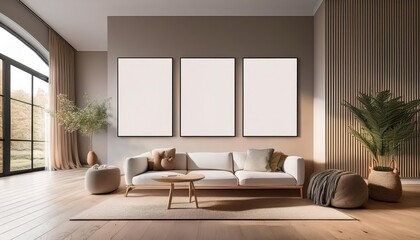 3D Mockup Posters Gallery in a Cozy Modern Home Interior Background Vibrant and Inviting 3D Render Showcasing Minimalist Artwork Against a Warm Neutral Palette, Perfect for Digital Art, Home