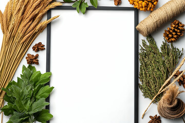 Autumnal frame mockup; nature decor; white background; design template