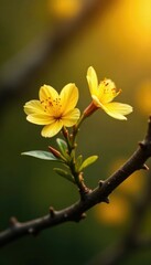 Obraz premium delicate petals on thornless stem with dark brown bark, tree, flower, golden