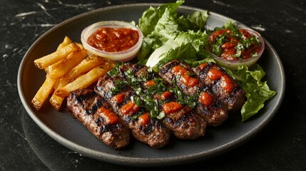 A plate of grilled meat skewers served with fries, salad, and dipping sauces.