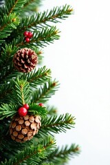 Evergreen spruce branches with pinecones and holly, against a warm white background, evergreen trees, branches, spruce