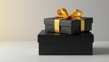 Empty space on top of a black gift box with golden ribbon, minimalist, gold