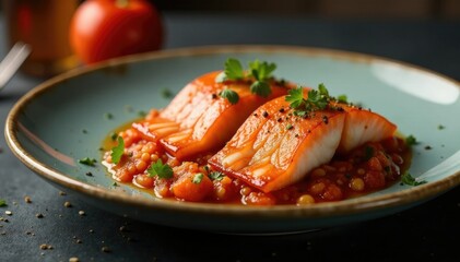 Fiocchi di tonno rosso sulla tavola del pesce, fiocchi, pesce