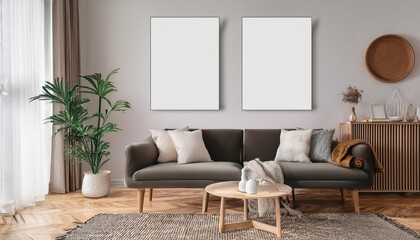 Stunning Mockup Posters Elevate Scandinavian Living Room Interior, Evoking a Cozy yet Modern Ambiance with Minimalist Elements and Warm Neutrals