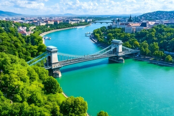 Fototapeta premium Chain bridge, Danube river, Budapest panorama, summer travel
