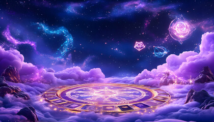 Celestial Zodiac Platform, Fantasy Landscape, Mystical Background, Game Design