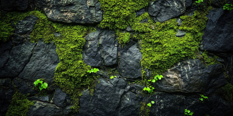 A close-up of a damp moss-covered wall