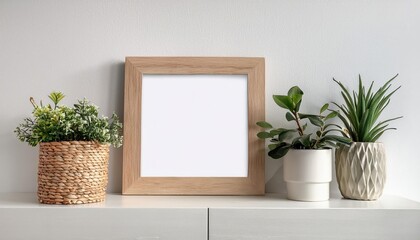 Minimalist White Square Frame Showcasing Home Decor and Potted Plants on a White Shelf against a Neutral Backdrop, Offering Spacious Layout for Digital Art, Interior Design Inspiration, or Home