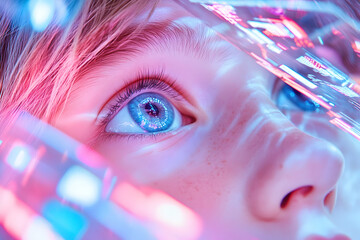Child's eyes, futuristic tech, vibrant lights, exploring