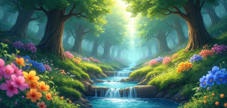 Enchanted forest stream with vibrant flowers. Anime style illustration, bright summer foliage. Magical fantasy landscape with peaceful flora, serene water stream, idyllic sunlight and rich trees.