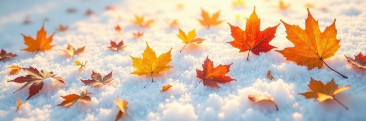 Fototapeta premium Golden hues of autumn leaves scattered on a snowy white background, golden, frosty