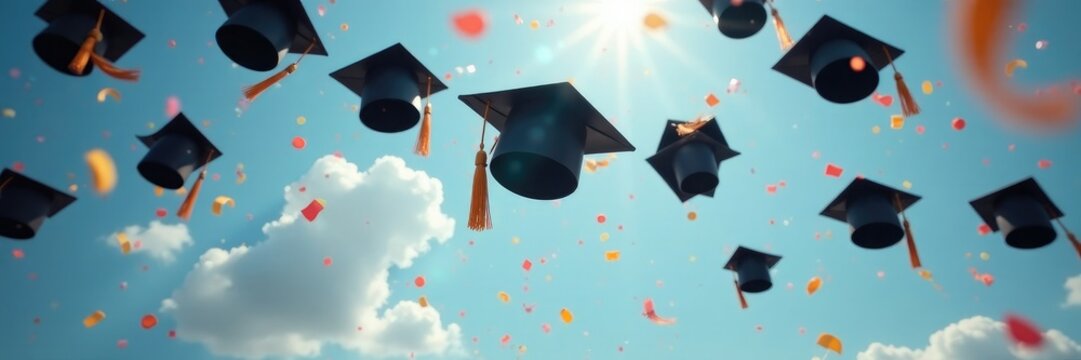 Graduation caps suspended in the air with ribbons, gown, festive, decorations