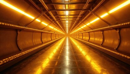 Fototapeta premium Horizontal gold tube background lit from overhead, metal, beam