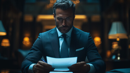 Fototapeta premium Focused Executive: A sharply dressed executive, engrossed in reviewing documents, embodies dedication and intellect in a sophisticated office setting, radiating an air of professional precision.
