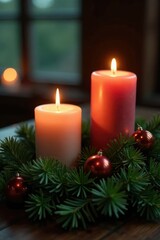 Evergreen branches and candles create a peaceful atmosphere, seren, ambiance