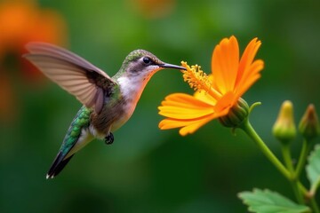Fototapeta premium Hummingbird sipping nectar from a bright orange flower in a lush garden, garden, nature