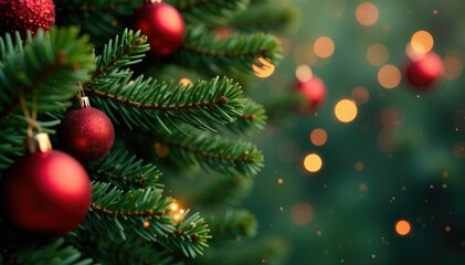Obraz premium Evergreen branches twirl amidst sparkling ornaments, ornaments, red
