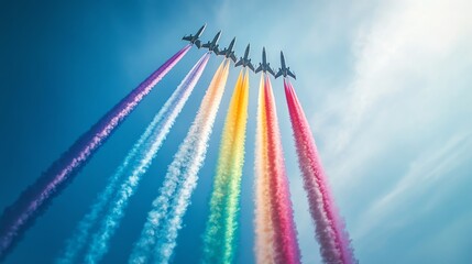 Seven sleek jets with vibrant rainbow trails soar in perfect formation across a bright blue sky, symbolizing teamwork, energy, and celebration