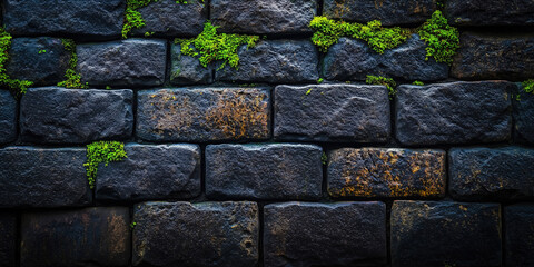 Naklejka premium A close-up of a damp moss-covered wall