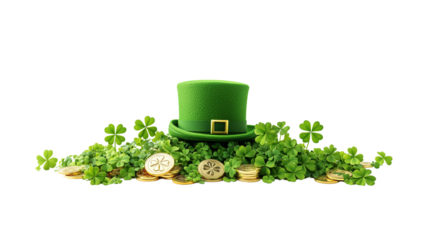 St. Patrick's Day, PNG, Top hat, clover leaves and coins, isolated on white, created with Generative AI technology