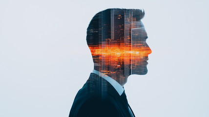 Cityscape in the Mind: A sharp silhouette of a businessman, overlaid with an abstract cityscape, symbolizing visionary thinking and the intersection of innovation and ambition.
