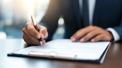 Business professional signing important documents at a desk with soft lighting in background