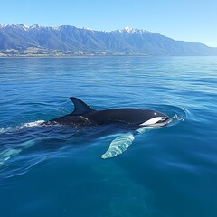 Fototapeta premium Orca swimming, mountain backdrop, ocean wildlife