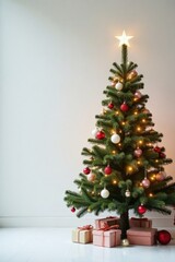 Minimalist Christmas tree in a simple white space, lights, ornaments, simple