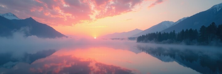 Obraz premium Misty veil rises from Baikal as morning dawns, dawn, sun, fog
