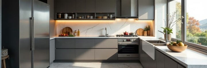 Modern kitchen with stainless steel appliances, modern, sink, stainless steel