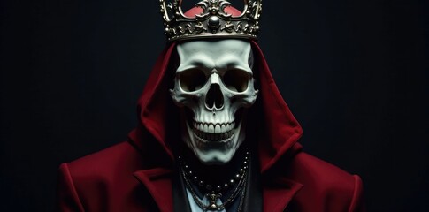 Grim skull with ornate silver crown and velvet cloak, elegance, sophistication