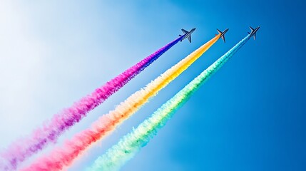 Seven sleek jets with vibrant rainbow trails soar in perfect formation across a bright blue sky, symbolizing teamwork, energy, and celebration