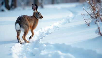 Hares tracks disappear into the swirling snow, texture, snowy, cold