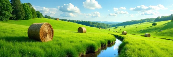 Hay bales in a lush green meadow with a small stream, small stream, rolling hills