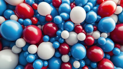 Colorful balloons in red, white, and blue, cheerful mood, scattered randomly, festive background with copy space