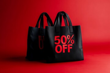 Black shopping bags, 50% off, red background, sale