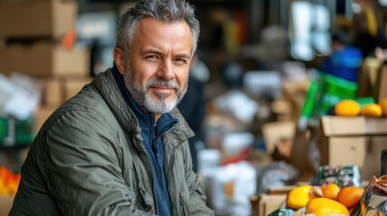 Obraz premium Mature man smiling at market, produce background