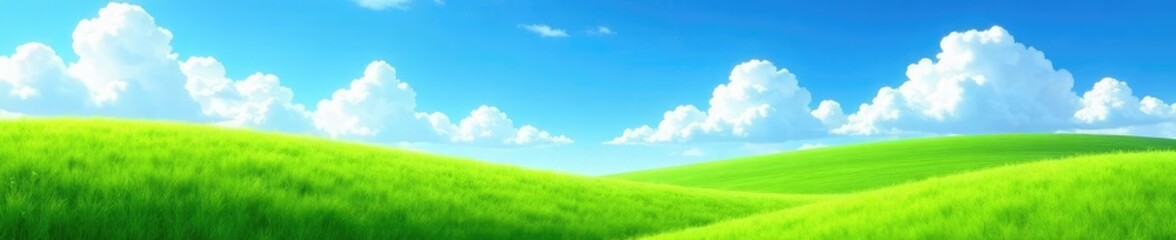 Obraz premium serene landscape with green grass under blue sky and white clouds, blue, white, scenery