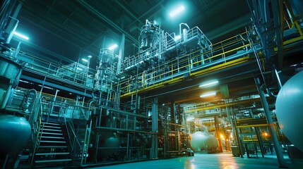Fototapeta premium Futuristic Cyberpunk-Style Robotic Factory Workspace with Neon-Lit High-Tech Atmosphere