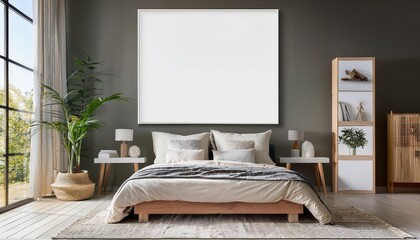 Scandinavian Style 3D Mockup Poster Frame in a Cozy Bedroom Warmth and Minimalism Collide with 3D Rendered Elegance at Dusk