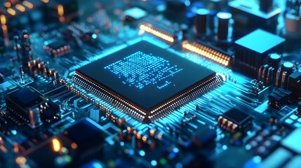 Obraz premium Quantum Computing Production Lab with AI-Driven Microchip Assembly in Ultra-Clean High-Tech