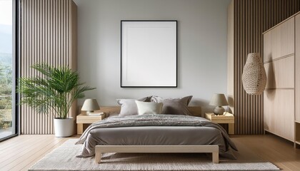 Cozy Scandinavian Style 3D Rendered Bedroom Poster Frame Minimalist Bliss Amidst Warm Woods, Cool Greys, and Breezy Whites, Evolving a Sophisticated yet Inviting Ambiance.
