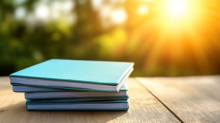 Stacked turquoise notebooks on a wooden table with sunlight streaming through trees in the background