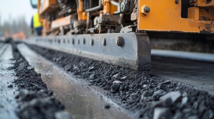 Road construction, paving machine, asphalt, road work,  close-up, detail, maintenance