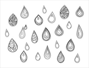 Set of water drops. Hand drawn waterdrop illustration. Set of versatile water splash vector illustrations. Collection of light blue water droplet and splash vector graphics.