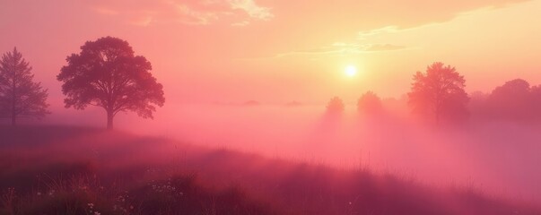 Fototapeta premium Pinkish orange mist on a cloudy summer morning, orange haze, pink mist