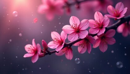 Pink petals gently falling from a dark purple tree branch, branches, floral motifs